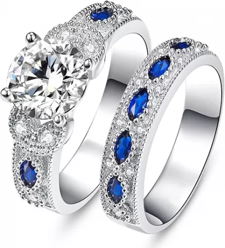 3.5ct Round Cut Cubic Zirconia Wedding Ring Set with Created Blue Sapphire Women