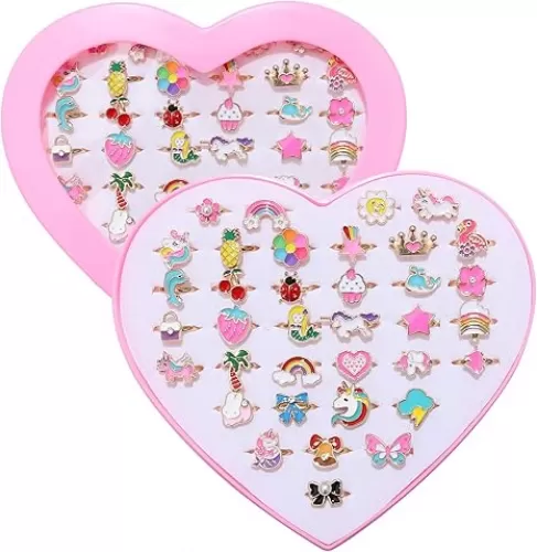 36pcs Little Girl Jewel Rings, Adjustable Unicorn Rings Toys, No Duplication Kids Play Ring in Box, Dress Up for 4-12 Year Old Girls, Birthday Christmas Valentine