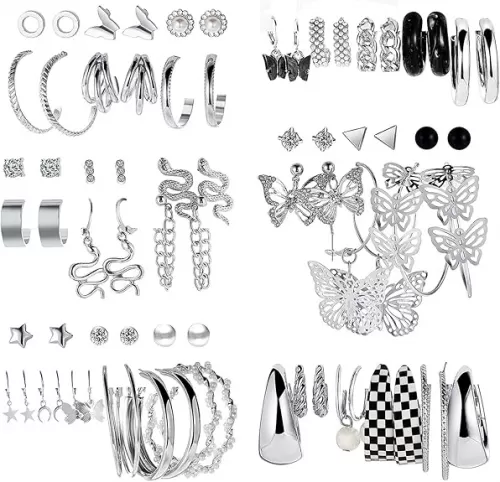 37 Pairs Silver Hoop Earrings Set for Women Multipack Fashion Drop Dangle Earring Packs Pearl Studs Butterfly Earrings Hypoallergenic Chunky Hoops Jewelry for Valentine