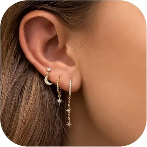 3Pairs 14K Gold Stud Hoop Earrings Set for Women Butterfly Moon Star Flower Evil Eye CZ Dainty Huggie Hoop Cartilage Earrings Gift Box