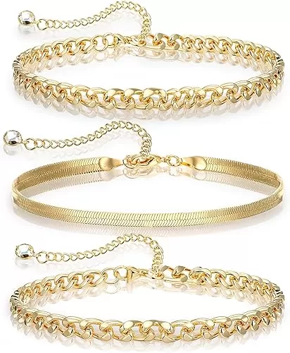 3Pcs 14K Gold Plated Anklet Bracelets for Women, Gold Ankle Bracelets for Women Waterproof, Cuban Link Chain Anklets Set, Layered Anklet Bracelets for Women, Beach Gift Adjustable Size