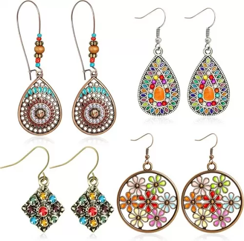 4 Pairs Bohemian Vintage Dangle Earrings Boho Jewelry for Women Retro Star Rhinestone Boho Dangle Drop Earrings Gifts