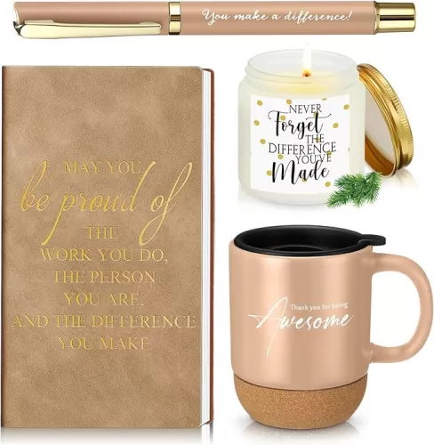 4 Pcs Thank You Gifts Set for Men Women Inspirational Notebook Employee Appreciation Coffee Mug Scented Candle Ballpoint Pen for Coworker Teacher Team(Light Brown, Classic)