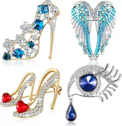 4 Pieces Brooches Pins for Women Rhinestone High Heel Crystal Brooches Princess Shoes Angel Wing Tear for Women Brides Gifts Party Favors Mom