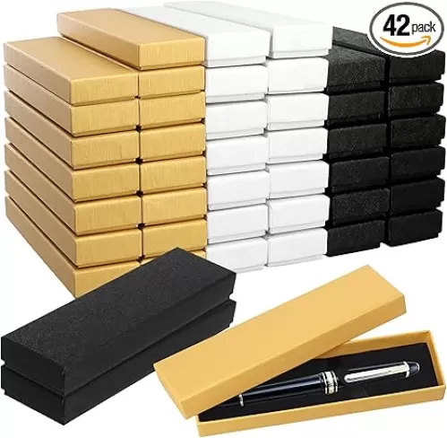 42 PCS Pen Gift Box with Sponge Cushion, 6.8 x 2 x 0.9 inch Pen Boxes Gift Empty in White pearlescent plane, Black silk pattern, Gold brushed pattern for Business Birthday Office Supplies