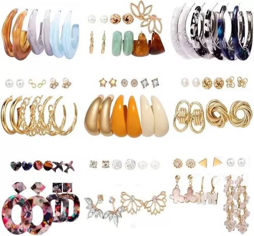 45 Pairs Gold Earrings Set for Women, Fashion Drop Dangle Earrings Statement Vintage Acrylic Hoop Pearl Studs Hypoallergenic Earrings Multipack for Valentine