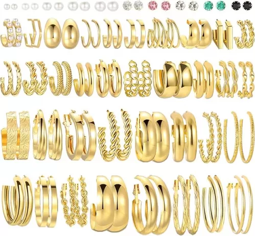 46 Pairs Gold Hoop Earrings Set for Women, Fashion Hypoallergenic Chunky Twisted Pearl Stud Earrings Multipack, Small Big Hoops Earring Packs Trendy for Christmas Birthday Party Jewelry Gift