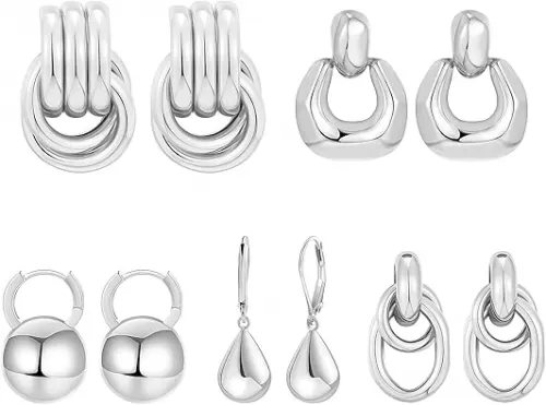 5 Pairs Chunky Gold Earrings for Women 18K Gold Plated Earrings Set Drop Dangle Earrings Lightweight Jewelry Gifts