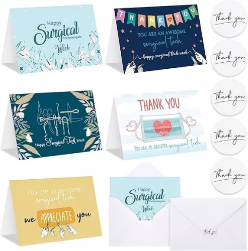 50 Set Thank You Surgeon Cards Scrub Tech Week Gifts, Medical Gift Cards with Envelopes and Stickers Bulk Surgeon Technologist Gift for Doctor, Nurse, Medical Assistant, Physician, Preceptor
