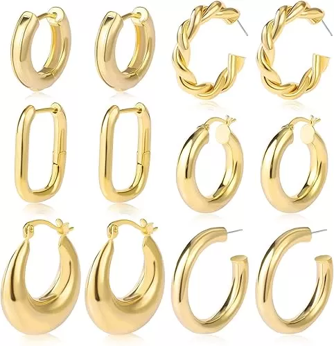 6 Pairs Chunky Gold Hoop Earrings Set for Women 14K Gold Plated Hypoallergenic Thick Open Huggie Hoop Set Jewelry for Christmas Gifts