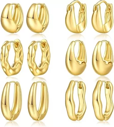 6 Pairs Gold Hoop Earrings Set for Women, 14K Gold Plated Huggie Chunky Earring Variety Pack, Hypoallergenic Thick Jewelry Gift