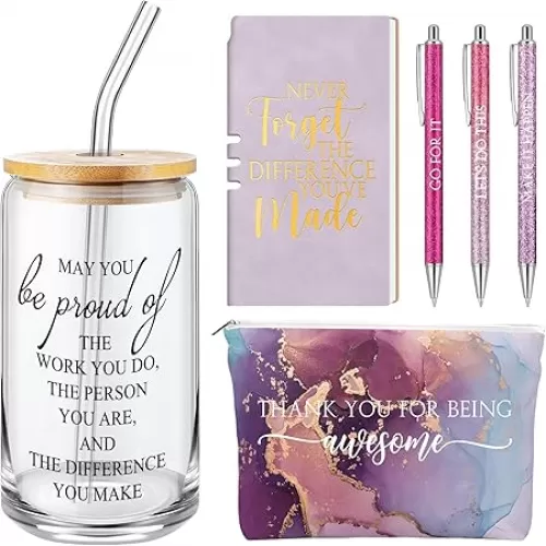 6 Pcs Back to School Employee Appreciation Gift Set for Women Thank You Gifts, Difference Maker 17 oz Glass Cup, Marble Print Makeup Bag Journal for Teachers Coworkers Boss Farewell(Purple)