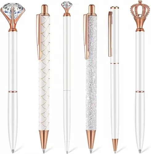 6 Pcs Ballpoint Pens Set Metal Crystal Diamond Pen for Journaling Glitter Pretty Cute Stationery Black Ink Fancy Gifts for Women Girls Teacher Office Wedding School Supplies(White)
