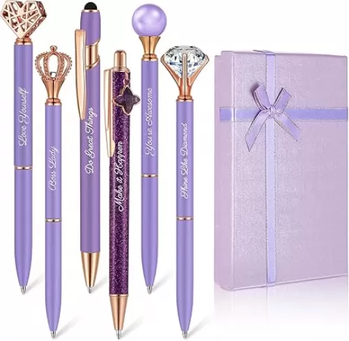 6 Pcs Fancy Pens for Women Crystal Diamond Pen for Journaling Pretty Glitter Ballpoint with Box Inspirational Gifts for Women Girls College Students Cute Back to School Gifts(Purple)