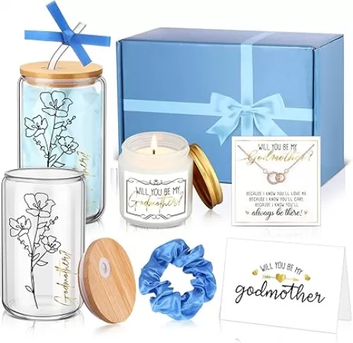 6 Pcs Godmother Proposal Gift Set Will You Be My Godmother 16oz Glass Cup Necklace Scented Candle Gift Box from Godchild for Mother