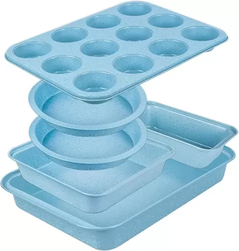 6 Pieces Baking Pans Set Blue Non Stick Bakeware Sets Stackable, Oven Safe, Pro Steel Baking Supplies for Home Baking, Roasting, Easy to Release, Sturdy Bake Gifts for Lover