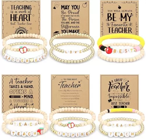 6 Set Back to School Teacher Appreciation Gift Set for Women Teacher Appreciation Bracelets Gifts with Cards Wooden Beaded Elastic Bracelets for Season Birthday Retirement Present