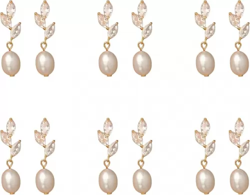 6 Set Dainty Pearl Earrings for Women, Gold Pearl Drop Stud Earrings, Bridesmaid Earring, Freshwater CZ Leaf PearlDangle Drop Earring, Elegant Oval Pearl Studs for Wedding, Jewelry Gifts for Women