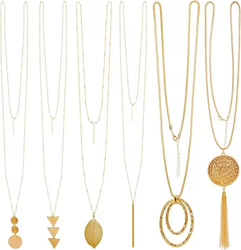 6Pcs Long Gold Necklaces for Women Long Statement Sweater Necklaces Tassel Pendant Neckace Set Jewelry Women Gifts