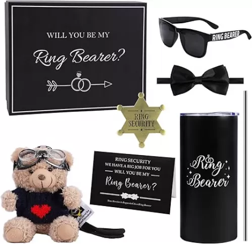 6Pcs Wedding Ring Bearer Gifts Set Wedding Party Favors Include 14 oz Ring Bearer Tumbler with Straw, Will You Be My Ring Bearer Proposal Card, Ring Bearer Sunglasses, Bear, Tie, Ring Security Badges