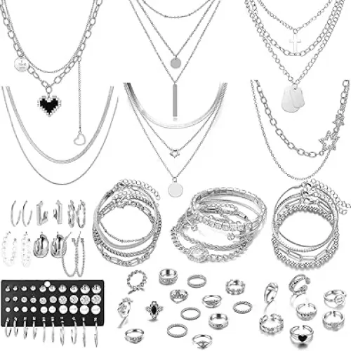 73 Pcs Gold Jewelry Set with 6Pcs Layered Necklace, 11 Pcs anklet and 7Pcs Earring Ear Cuff, 12Hoop Earrings , 15pcs Rings, 21pcs stud earrings Jewerly set for Women Pack for Friendship Party Gift