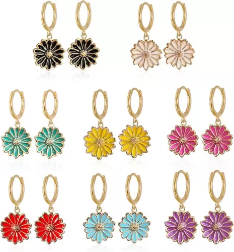 8 Pairs Flower Daisy Earrings Charm Drop Dangle Stud Hoop Huggie Earrings Jewelry Gifts for Women Set