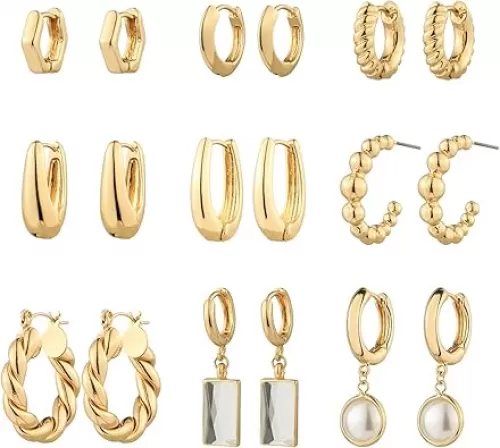 9 Pairs Gold Chunky Hoop Earrings Set for Women, 14K Gold Plated Twisted Huggie Hoop Earring Hypoallergenic, Lightweight Thick Open Hoops Earrings Jewelry Gifts.