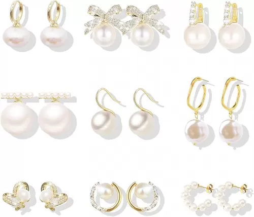 9 Pairs Pearl Gold Earrings Set for Women Hoop Bow Dangle Drop Earrings Pearl Dainty Stud Pearls Jewelry for Wedding Prom Party Daily Wear Accessory Birthday Gifts for Women