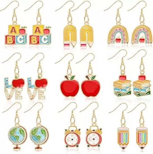 9 Pairs School Theme Enamel Earrings, Rainbow Pencil Book Earrings Set for Graduation Teacher Appreciation Gift Back to School Decoration for Women