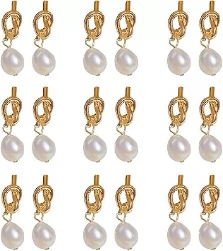 9Pcs Bridesmaid Earrings Bridesmaid Proposal Gold Pearl Knot Earring Statement White Pearl Dangle Earring for Wedding Party Birthday Prom Jewelry