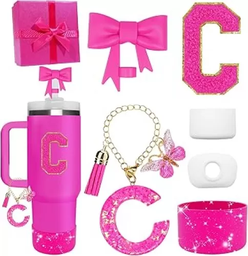 Accessories Set for Stanley Cup Accessories - Gift Box Contain Straw Topper, Sillicone Boot, Letter Stickers and Pendants, Spill Stopper Set