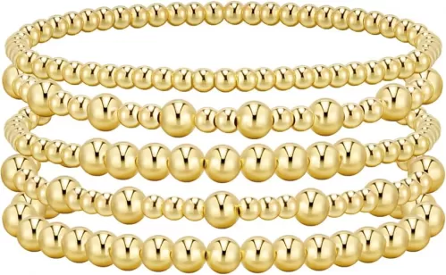 adoyi Gold Bracelets for Women Beaded Bracelet 14K Gold Plated Bracelet Stack Strand Stretch Bead Ball Bracelet Set Stackable Bracelet Adjustable Bracelet Set Jewelry for Gifts