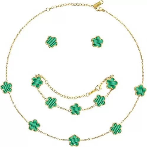 AmorArtSky Lucky Clover Jewelry Set - 18K Gold Plated Flower Design Five Leaf Bracelet, Necklace Pendant, Earrings for Women - Lucky Gifts for Mom, Wife, Daughter, Friends