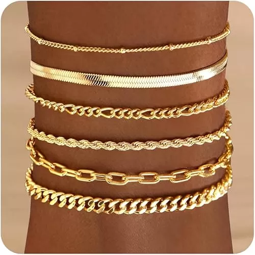 Ankle Bracelets for Women, 14k Gold Jewelry Set Waterproof Layered Cuban Figaro Link Chain Anklets Set Gold Anklets Summer Boho Beach Jewelry Gift Adjustable Size