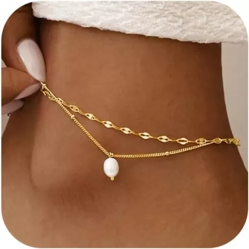 Ankle Bracelets for Women 14K Gold Silver Plated Anklets for Women Waterproof Boho Evil Eye Pearl Charm Pendant Beaded Foot Chain Adjustable Dainty Summer Beach Jewelry Set Gifts Non Tarnish