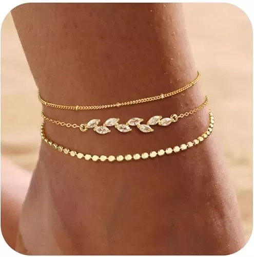 Ankle Bracelets for Women 14K Real Gold Silver Plated Ankle Bracelets Waterproof Heart Beads Rope Satellite Anklets Set Adjustable Layered Anklet Bracelets No Tarnish Summer Beach Jewelry Gift