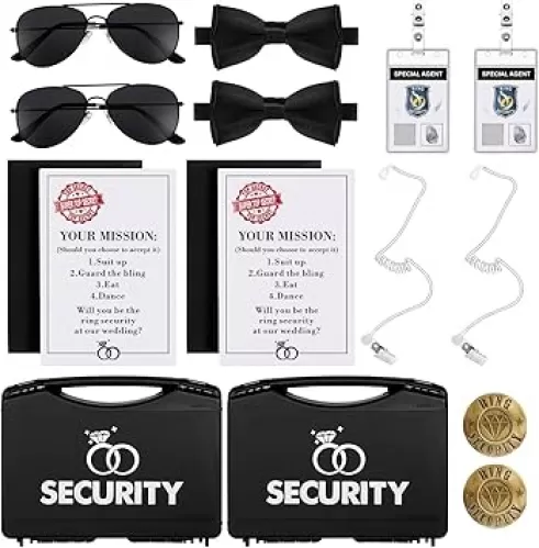 Aoriher Ring Wedding Bearer Security Set Include Ring Bearer Box Security Badge Sunglass Earpiece Bow Tie ID Badge Holder with ID Card Envelope Invitation Card for Proposal Gift(18 Pcs)