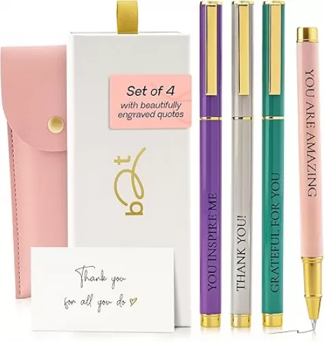 Appreciation Gift Pen Set for Women - 4 Engraved Pens with Thank You Quotes, Gift Box + Case - Boss Lady, Coworker, Teacher, Employee Gifts, Inspirational Pens, Admin Day, Gratitude Set