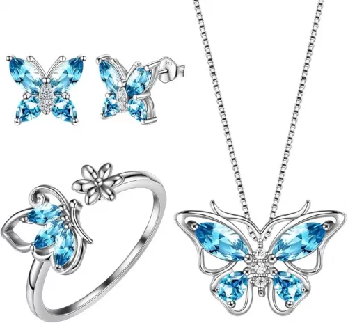 Aurora Tears Butterfly Jewelry, Women 925 Sterling Silver Butterflies Birthstone Pendant Necklace/Earrings/Rings Wedding Gift