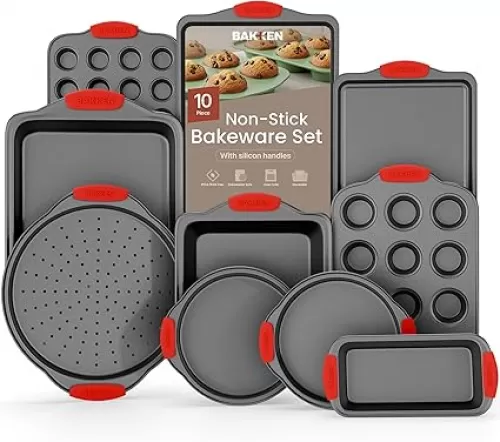 Baking Set – 10 Piece Kitchen Oven Bakeware Set – Deluxe Non-Stick Blue Coating Inside and Outside – Carbon Steel – Red Silicone Handles – PFOA PFOS and PTFE Free by Bakken, Black