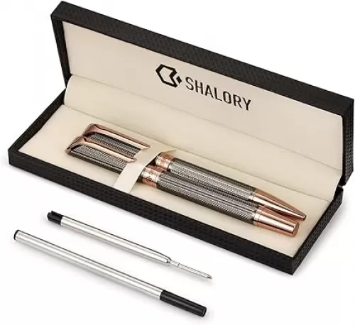 Ballpoint and Rollerball Pen Set, Stylish Line Engraved Metal Pen Elegant Smooth Writing Gift Pen (2 Pens with 2 Extra Refills)