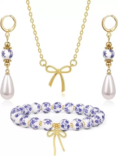Beads Bow Charm Bracelet Jewelry Set for Women Flower Vintage Dainty Bow Pendant Choker Jewelry Blue Jewelry Sets for Women Gift