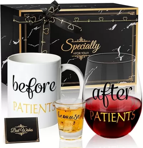 Before Patients After Patients Because Patients Gift Set 11 oz Coffee Mug 18 oz Stemless Wine Glass and 2 oz Shot Glass for Dentist Doctors Unique Nurses Day Valentines Graduation Gifts (Black)