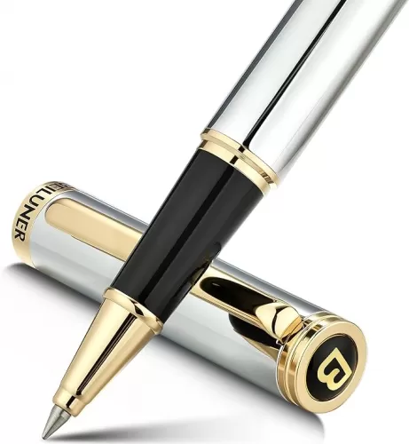 BEILUNER Luxury Rollerball Pen, Stunning Silver Chrome with 24K Gold Finish, Noble and Elegant Designs, Schneider Ink Refill, Best Gift Pen for Men & Women, Professional, Executive Office, Fancy Pens
