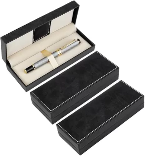 BENECREAT 3Pcs PU Leather Long Pen Gift Box, 2.67x6.9x1.5 Inch Black Pen Storage Boxes, Pencil Boxes Empty Case with Cushion for Gift Packing, Office School Business