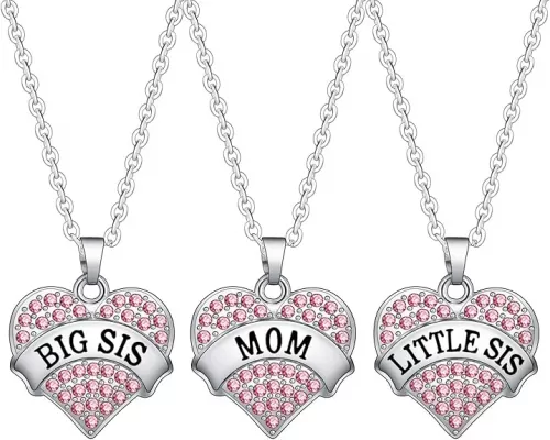 BESPMOSP Big Sis Lil Sis Mom Crystal Heart Pendant Necklace Set Gift for Sister Mother