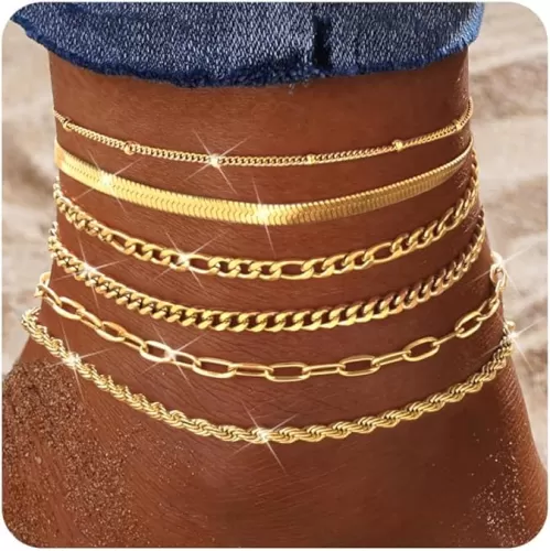 Besteel 6PCS Gold Ankle Bracelets for Women Waterproof-14K Gold Plated Anklets for Women Non Tarnish Hypoallergenic Stainless Steel Cuban Link Chain Anklet Set Layered Beach Jewelry Gift Adjustable