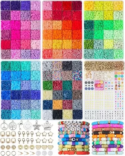 BestNow Clay Beads Bracelet Making Kit 120 Colors 6 Box Flat Polymer Heishi Beads Set for Friendship Jewelry Making with Pendant Charms Crafts Gifts for Girls Ages 6 7 8 9 10 11 12 Kids Adults