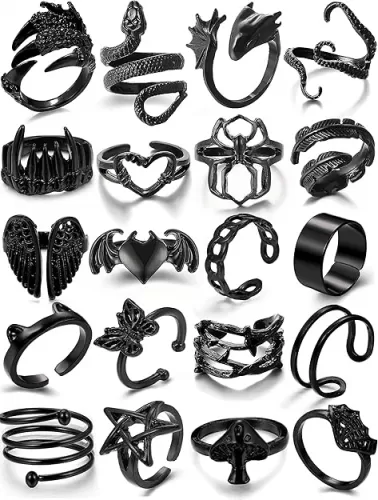 Black Gothic Vintage Rings Set - 20-30 PCS Cool Punk Jewelry with Snake, Butterfly, and Star Stacking Rings, Gift for Men, Women, Boys