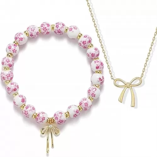 Bow Beads Bracelet Necklace Set, Gold Beaded Flower Bracelet, Charm Vintage Floral and Bow Pendant, Dainty Romantic Choker Jewelry Gift Sets for Women